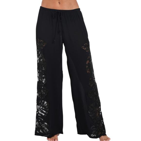 L'Agence Geraldine Monstera Cover-Up Wide Leg Pants Black Beaded Sheer S NEW - Picture 1 of 10